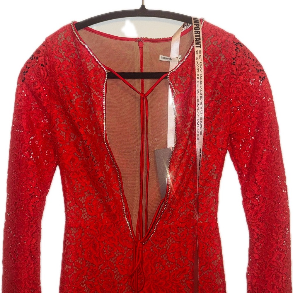 NEW House of CB Lisandra Lace Maxi Dress Red Crystal Trim Cutout Long Sleeve XS - Picture 6 of 15
